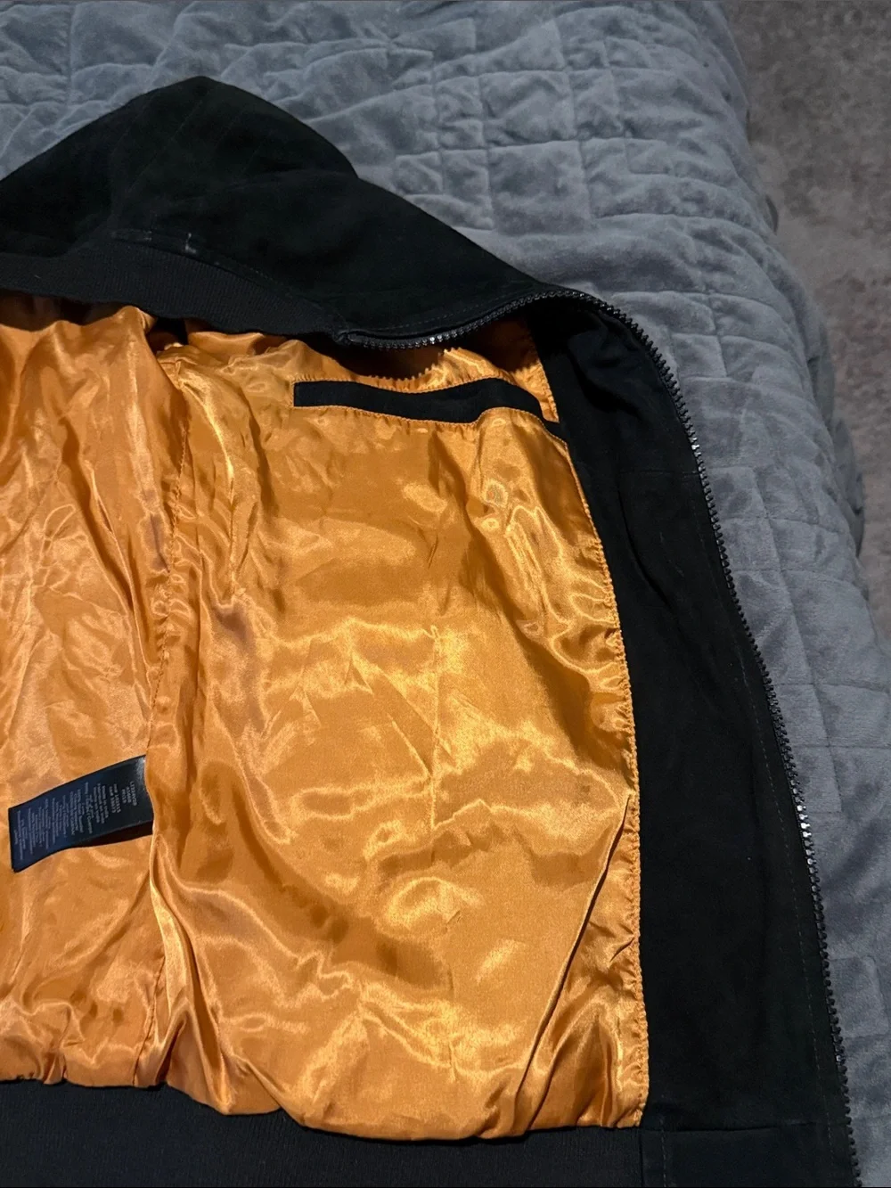 John Varvatos Black Suede Bomber Jacket with Orange Lining